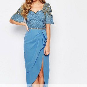 Virgos Loung Blue Beads Embellished Dress Tulip Midi Formal Small New